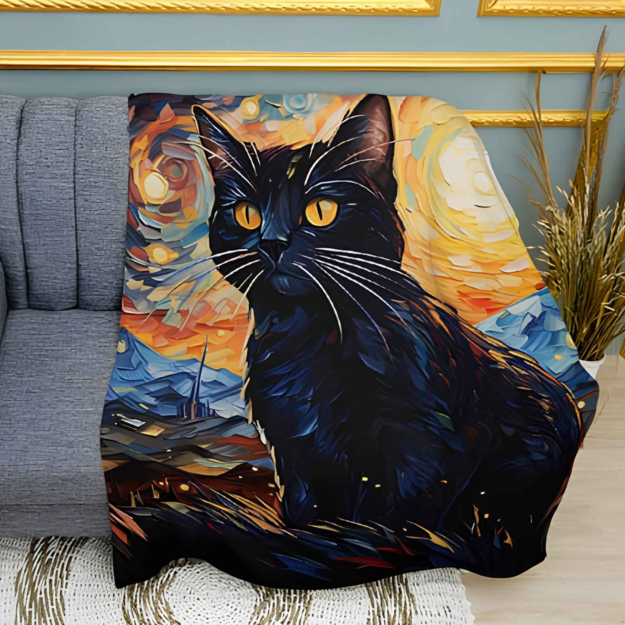 Abstract Black Cat Print Plush Fleece Throw Blanket
