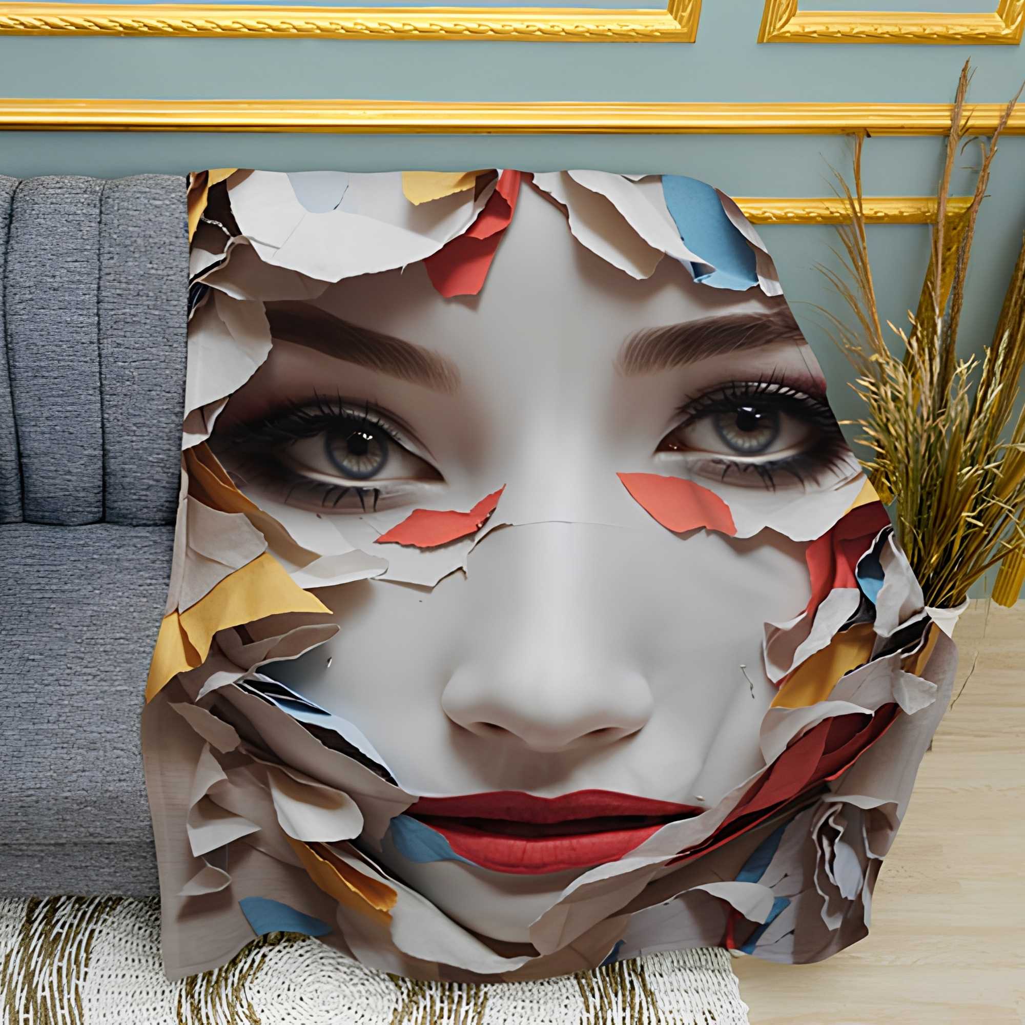 Abstract Face and Paper Texture Print Plush Fleece Throw Blanket