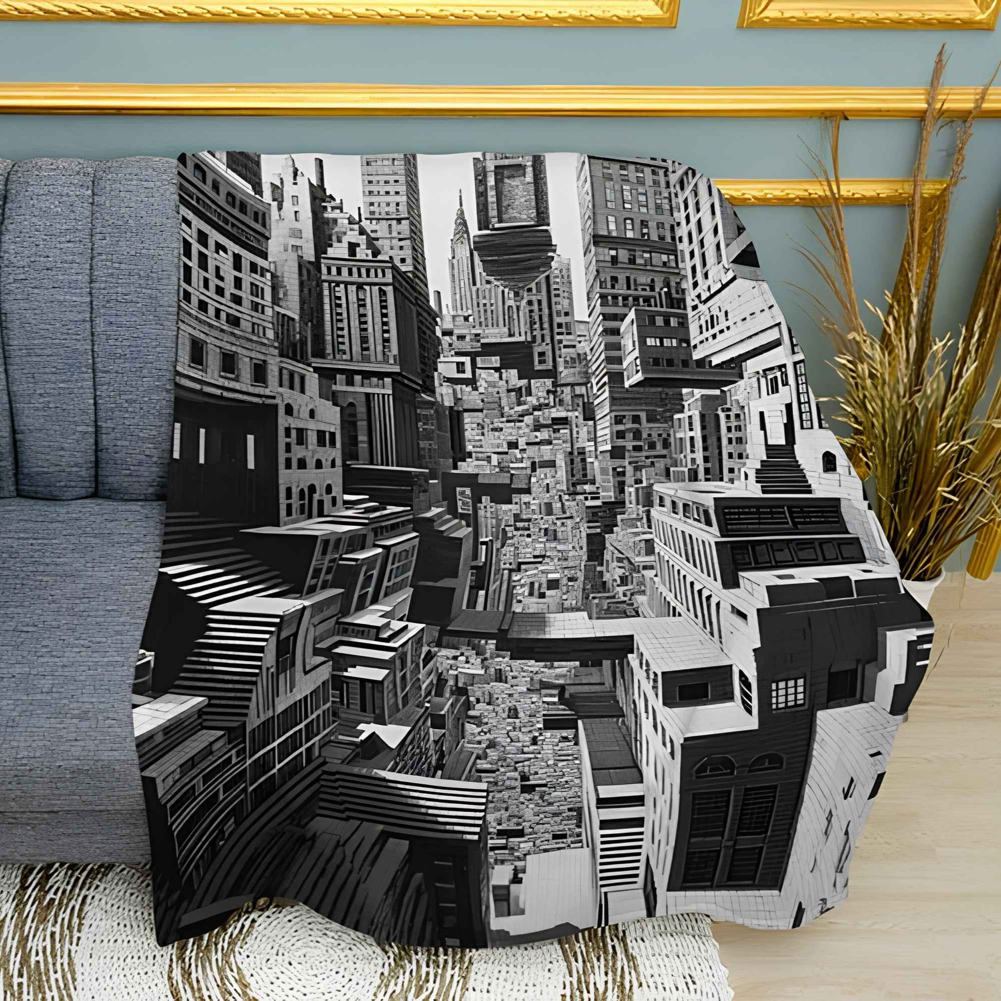 Abstract Gray City Skyline Print Plush Fleece Throw Blanket