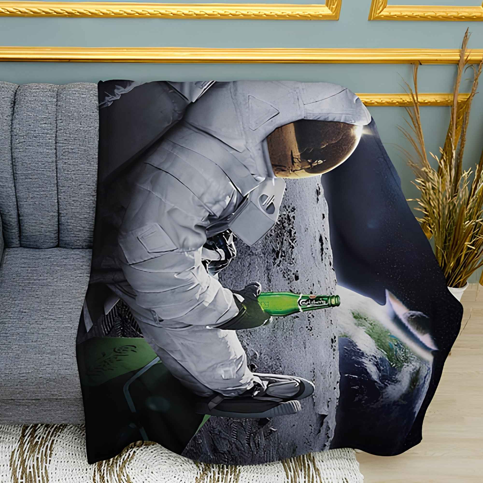 Astronaut with Beer on the Moon Print Plush Fleece Throw Blanket
