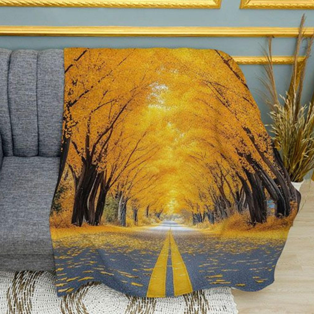 Autumn Road Scenic Fall Forest Print Plush Fleece Throw Blanket