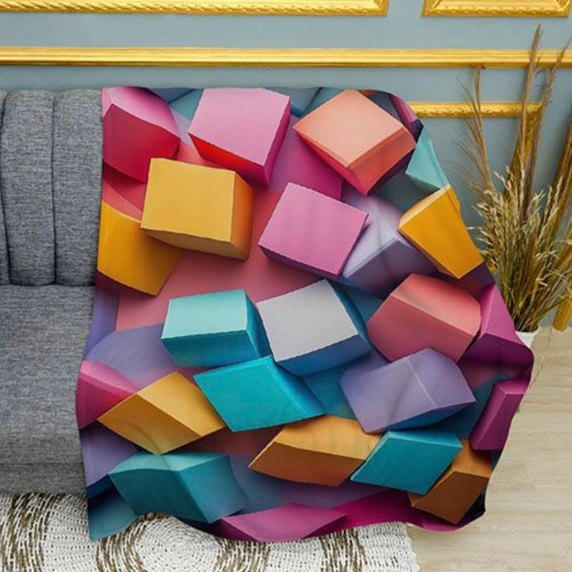 Bright Cubes Mosaic Geometric Print Plush Fleece Throw Blanket