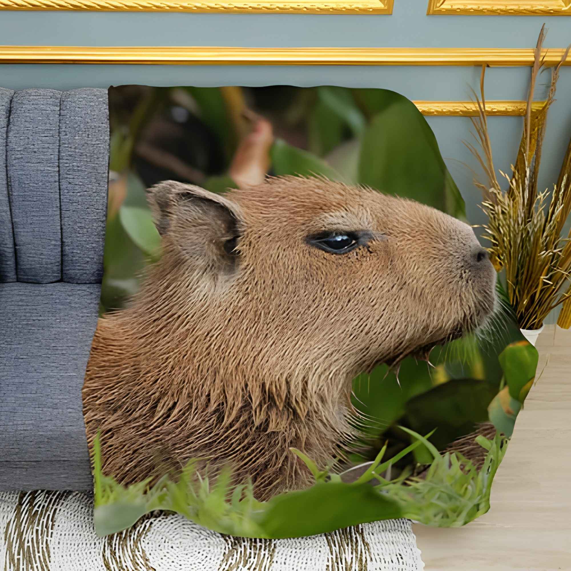 Capybara in Leaves Print Plush Fleece Throw Blanket