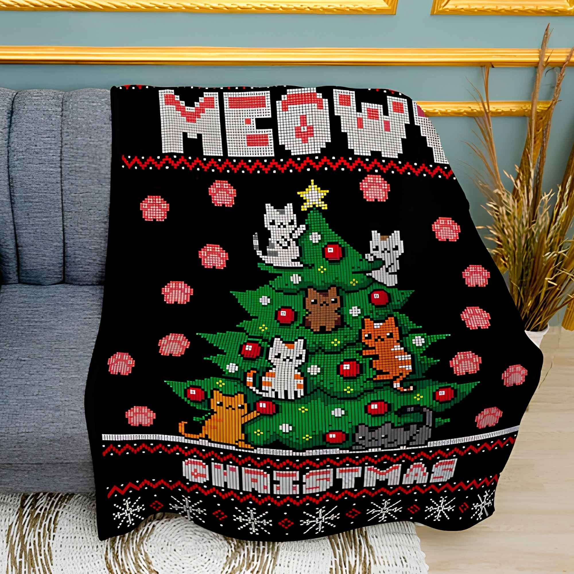 Christmas Cat Print Plush Fleece Throw Blanket