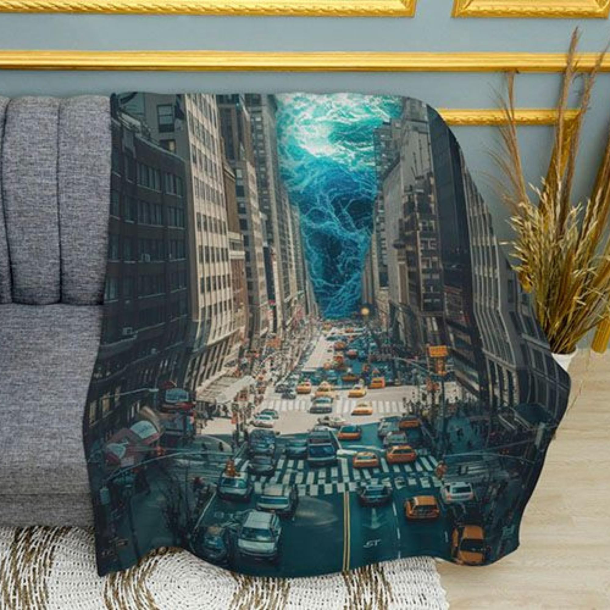 City and Wave Japanese Art Print Plush Fleece Throw Blanket