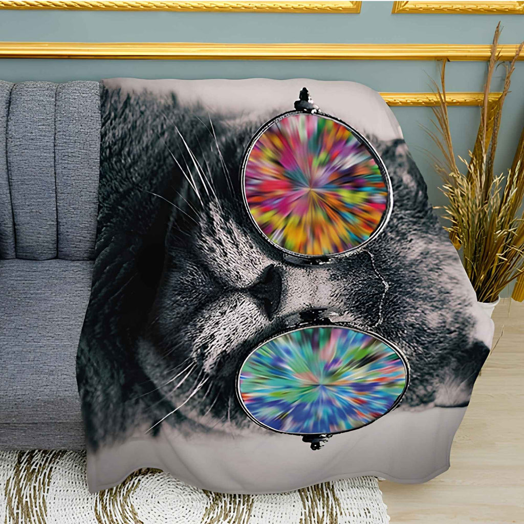 Cool Cat with Glasses Print Plush Fleece Throw Blanket
