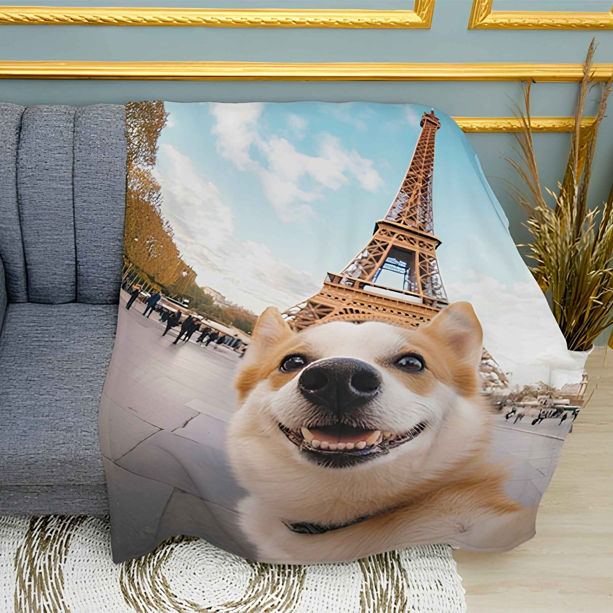 Corgi in Paris Travel Print Plush Fleece Throw Blanket