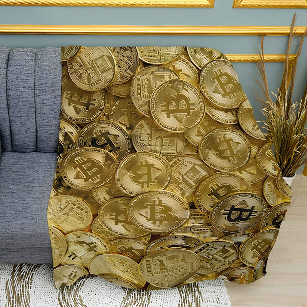 Cryptocurrency Gold Print Plush Fleece Throw Blanket