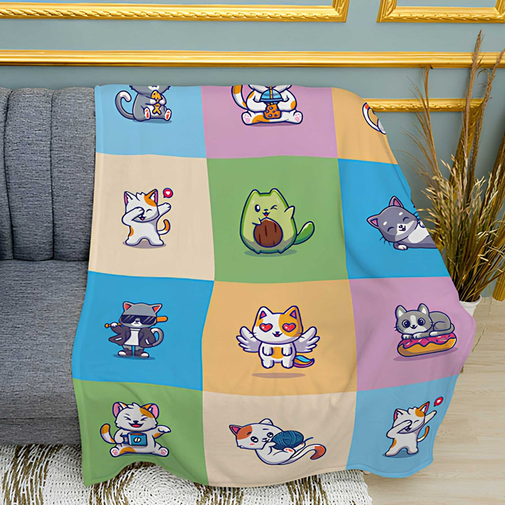 Cute Cat Illustration Print Plush Fleece Throw Blanket