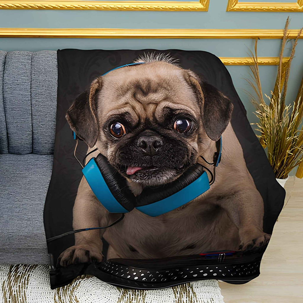 DJ Pug Print Plush Fleece Throw Blanket