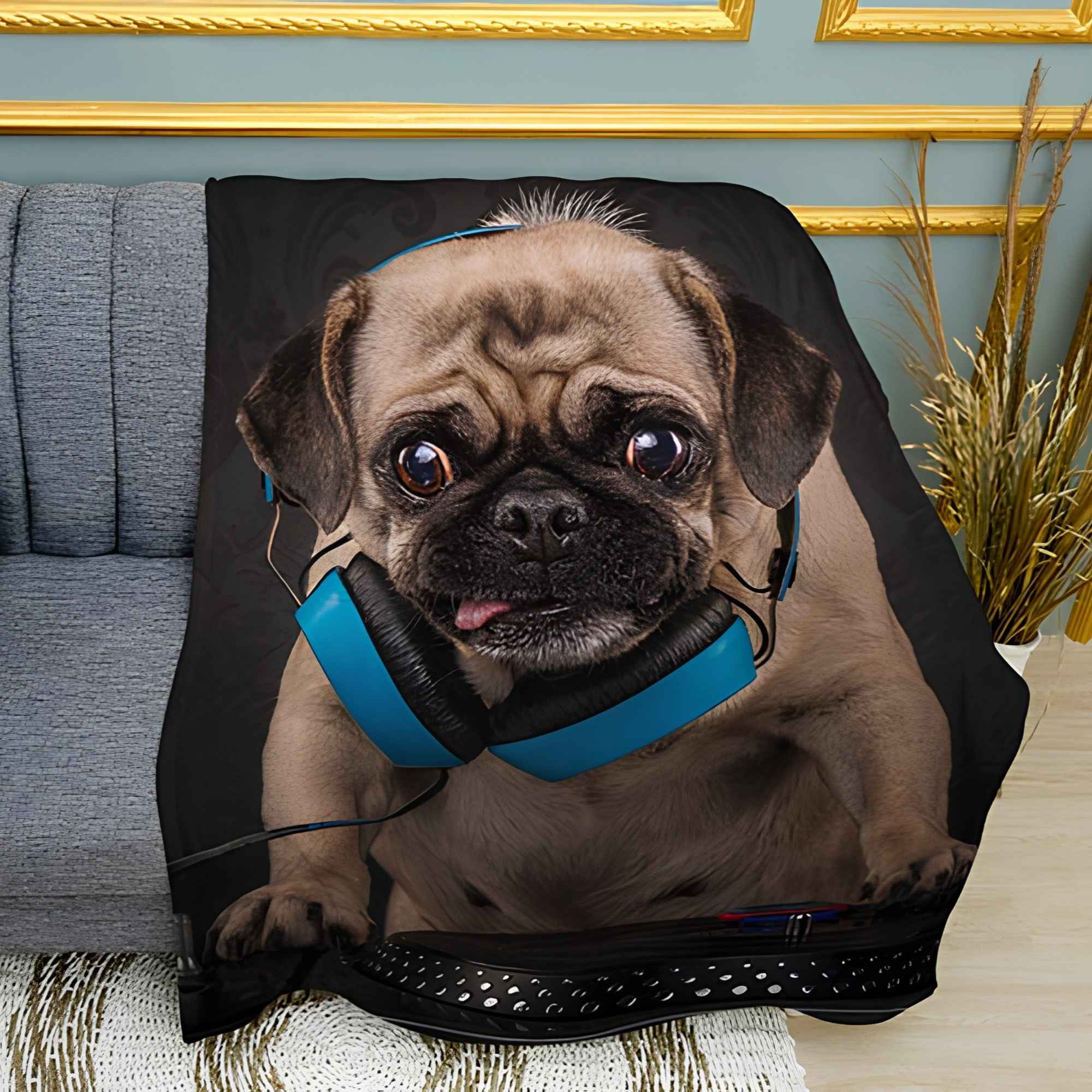 DJ Pug Print Plush Fleece Throw Blanket