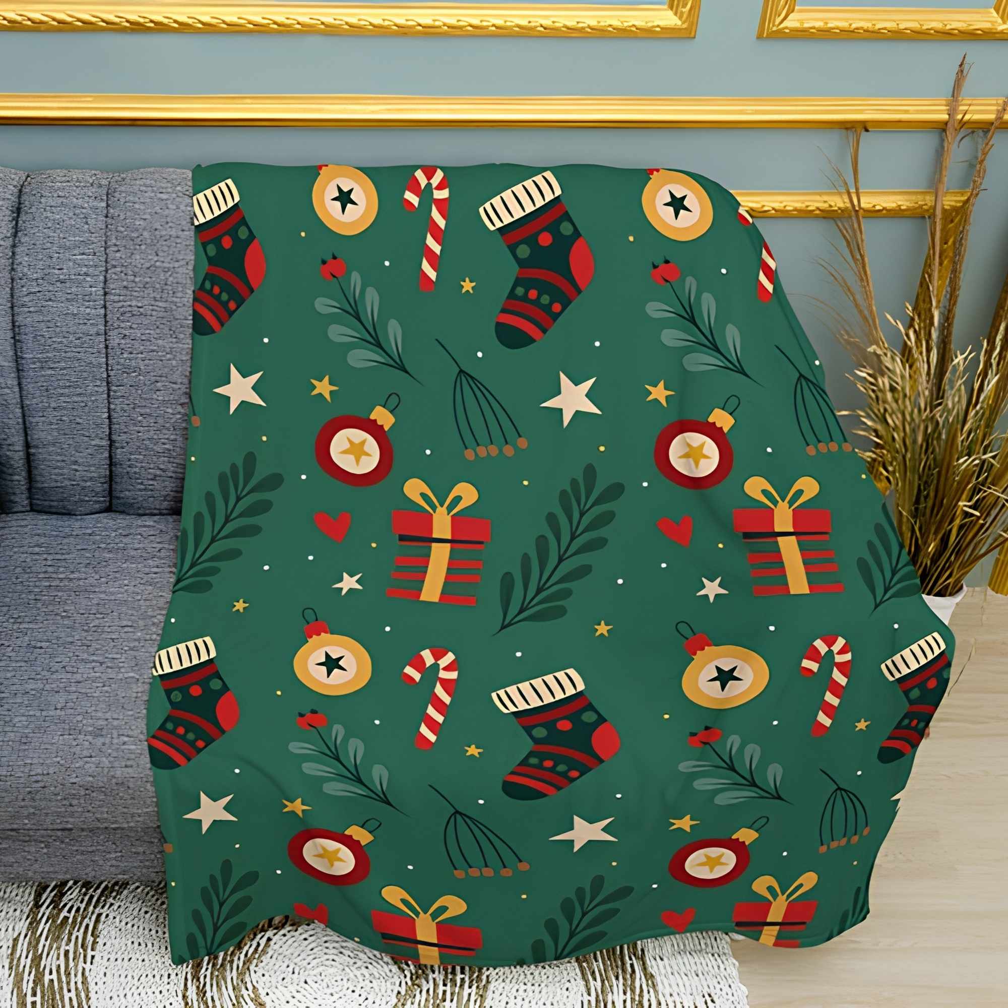 Festive Christmas Pattern Print Plush Fleece Throw Blanket