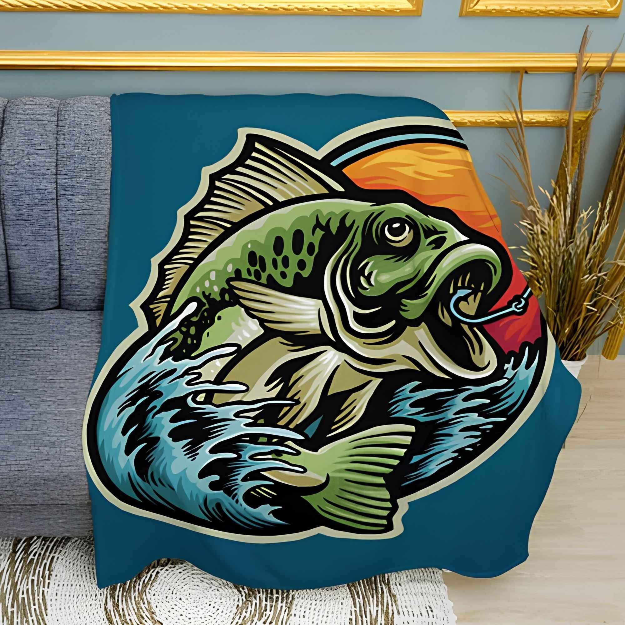 Fishing Logo Print Plush Fleece Throw Blanket