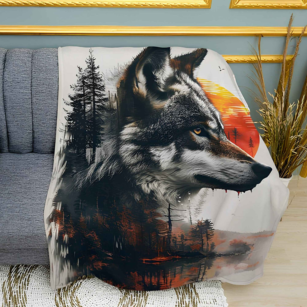 Forest Wolf and Sun Print Plush Fleece Throw Blanket