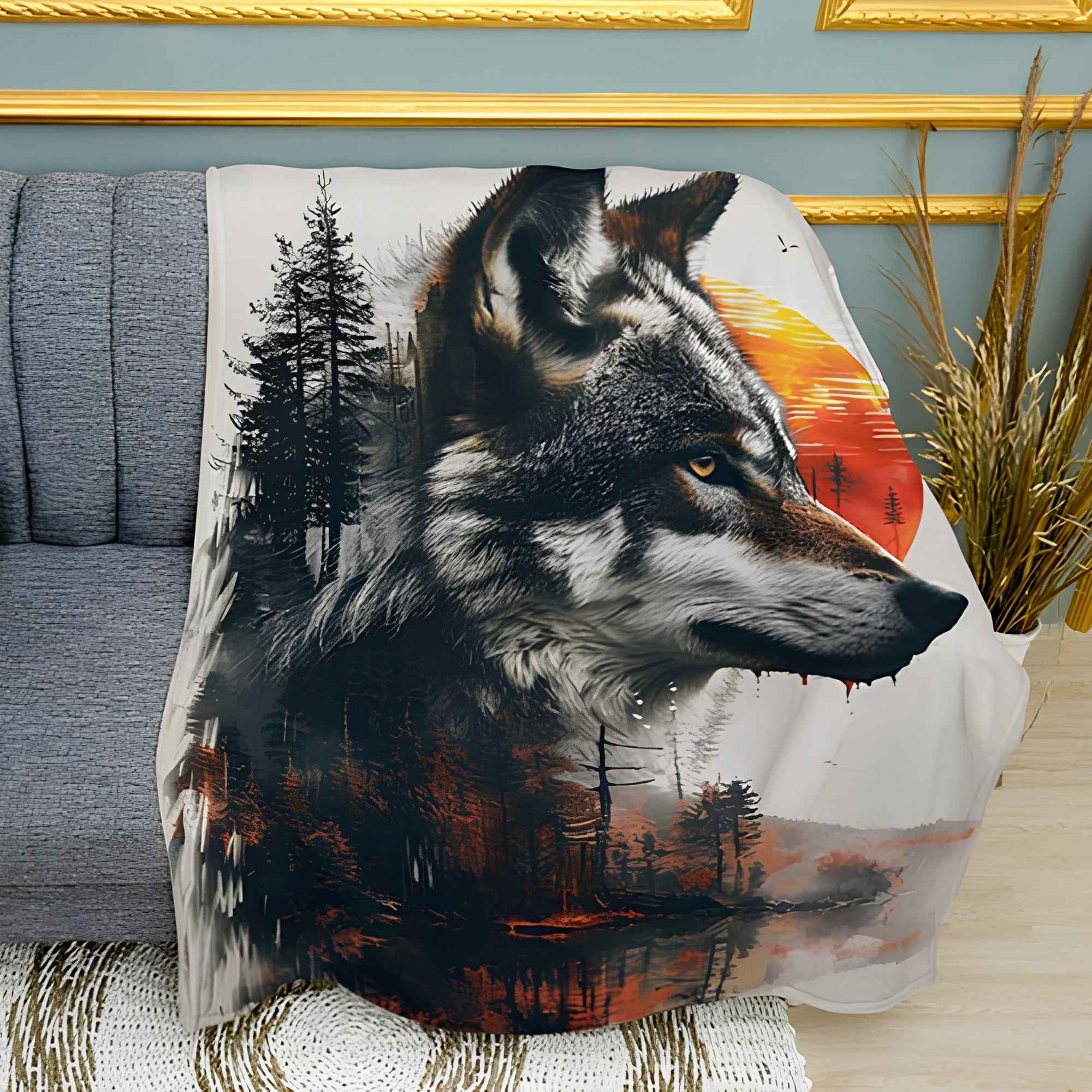 Forest Wolf and Sun Print Plush Fleece Throw Blanket