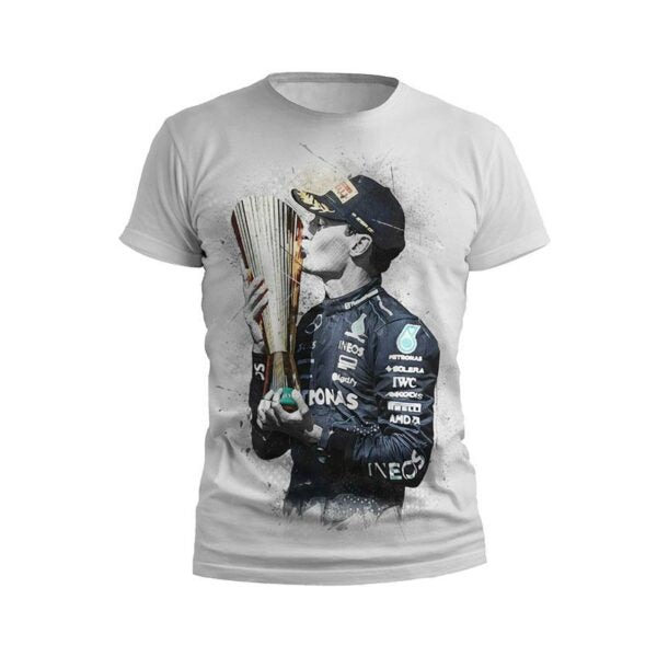 Sports T-shirt with the print "George Russell. Gold Cup. Formula 1. George Russell. Gold Cup. Formula 1"