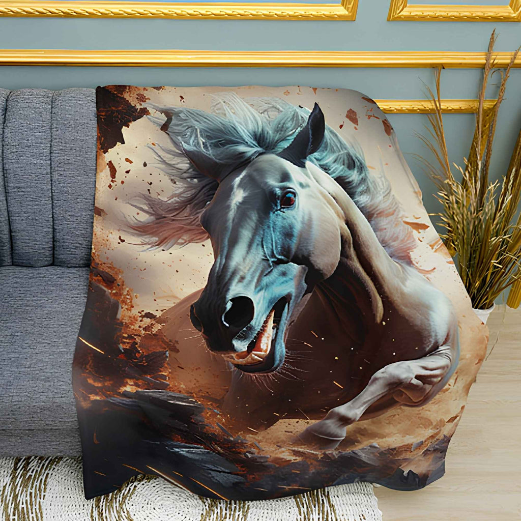 Galloping Wild Horse Print Plush Fleece Throw Blanket