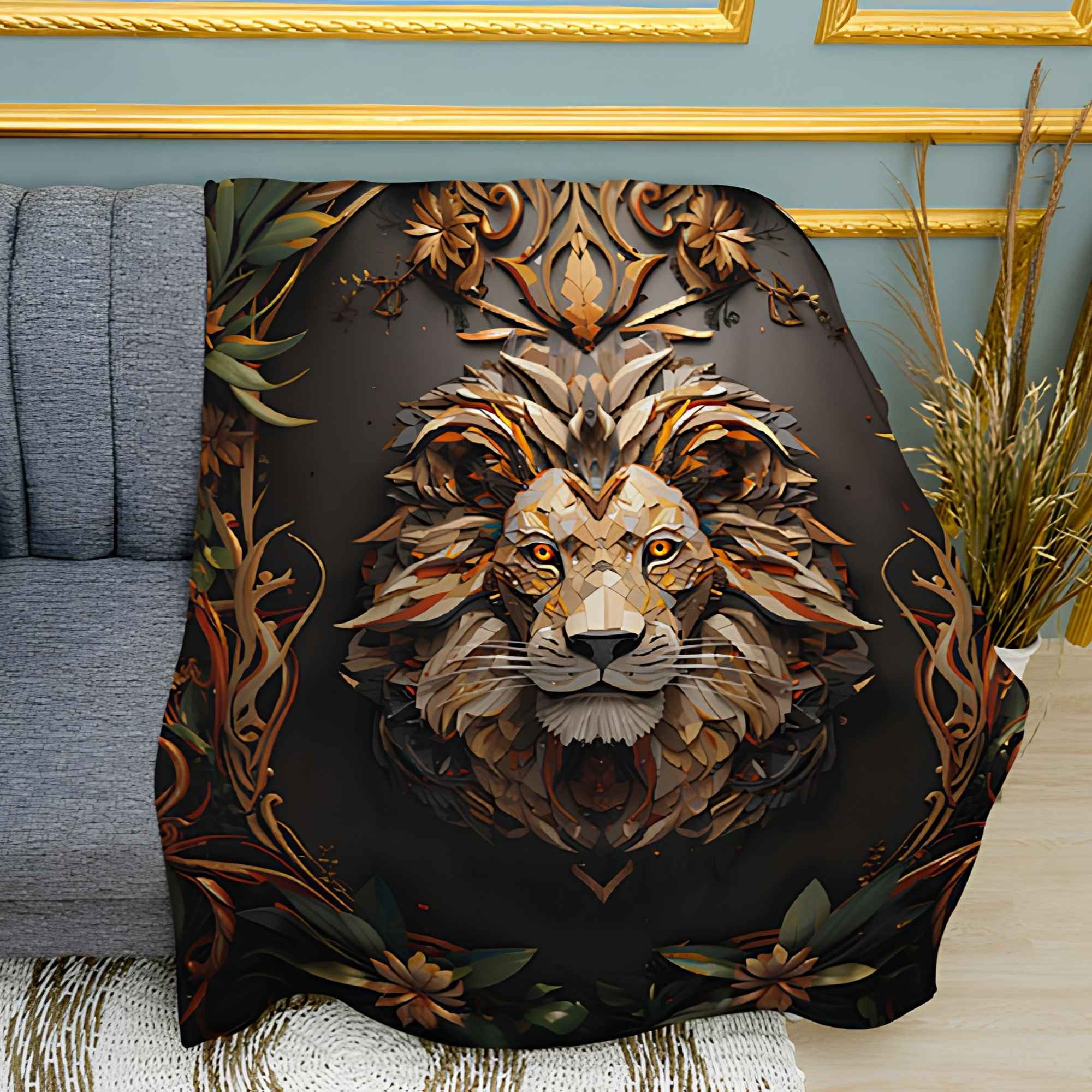 Golden Lion Print Plush Fleece Throw Blanket
