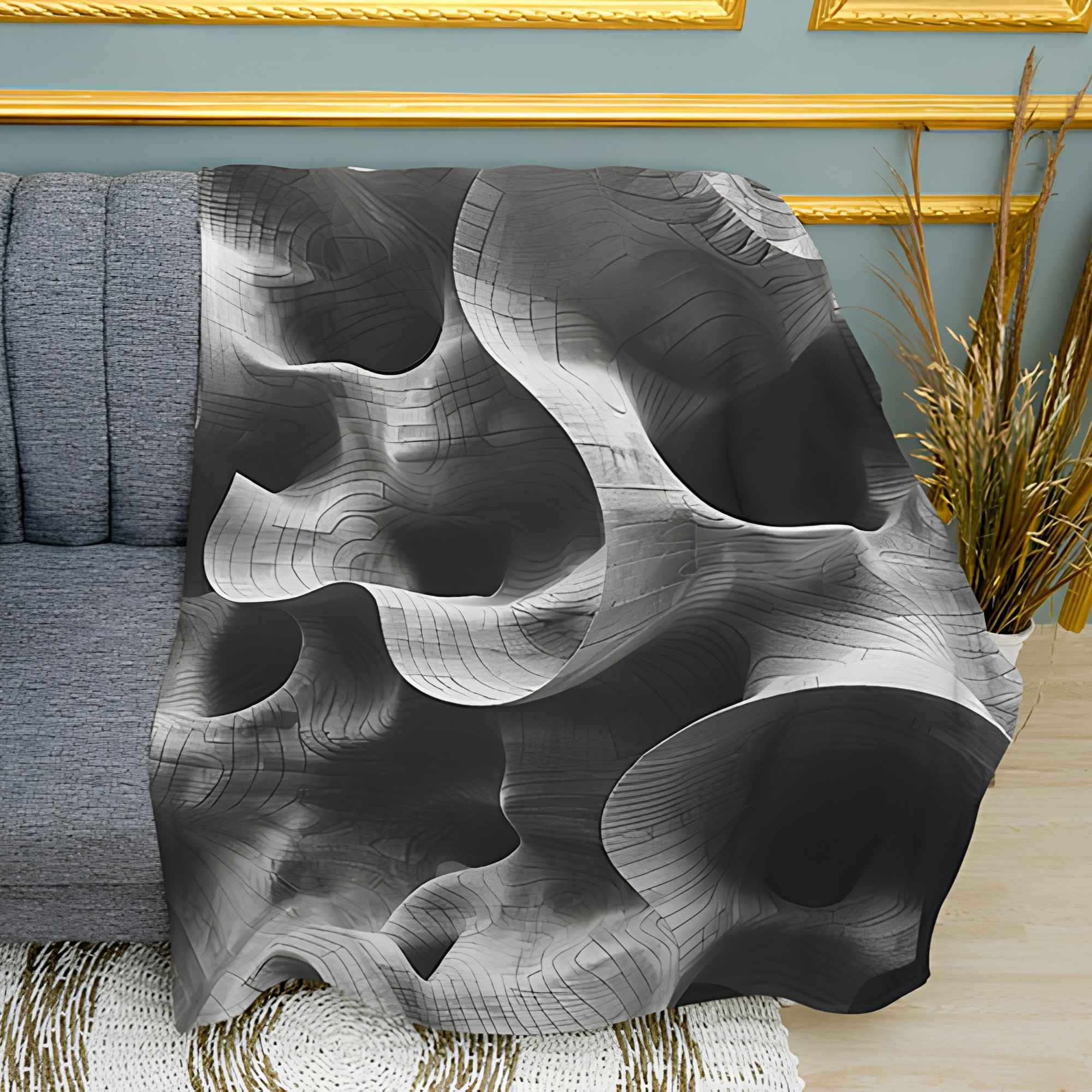 Gray Abstract Drawing Print Plush Fleece Throw Blanket