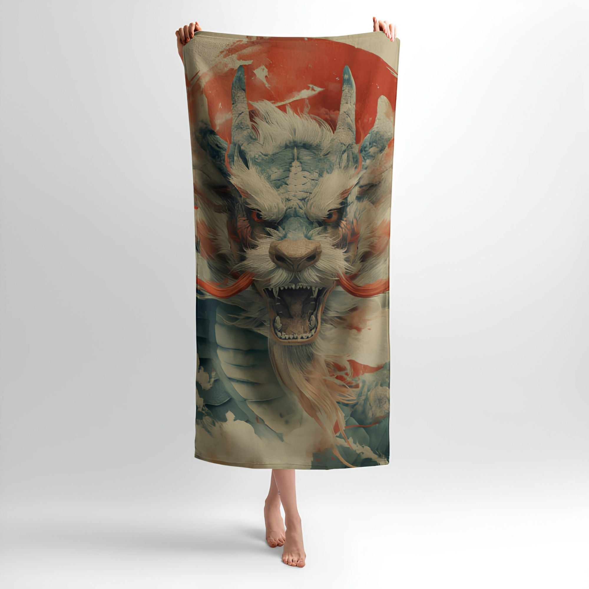 Japanese White Dragon Print - Soft Cotton Terry Bath & Beach Towel