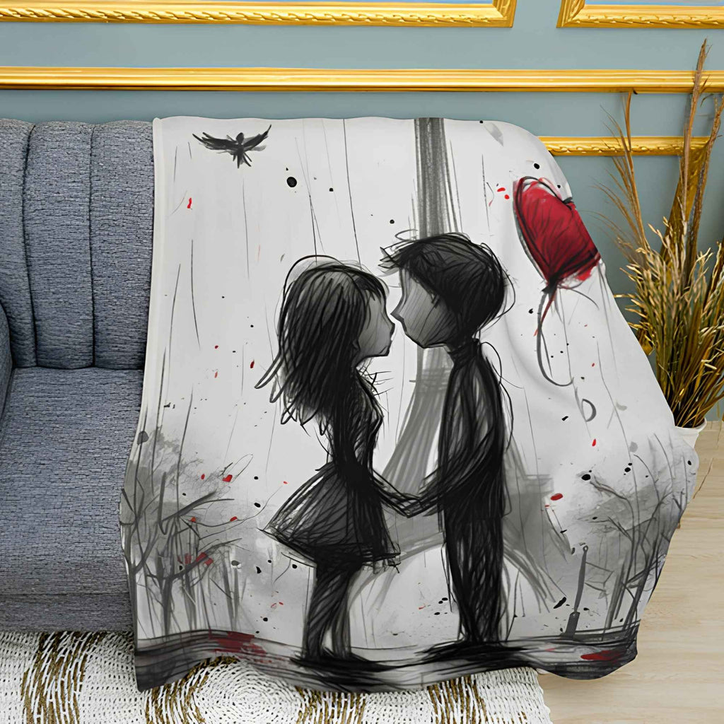 Lovers in Paris Romantic Sketch Print Plush Fleece Throw Blanket