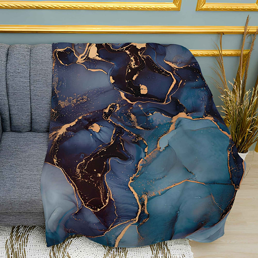 Navy Blue Marble Print Plush Fleece Throw Blanket