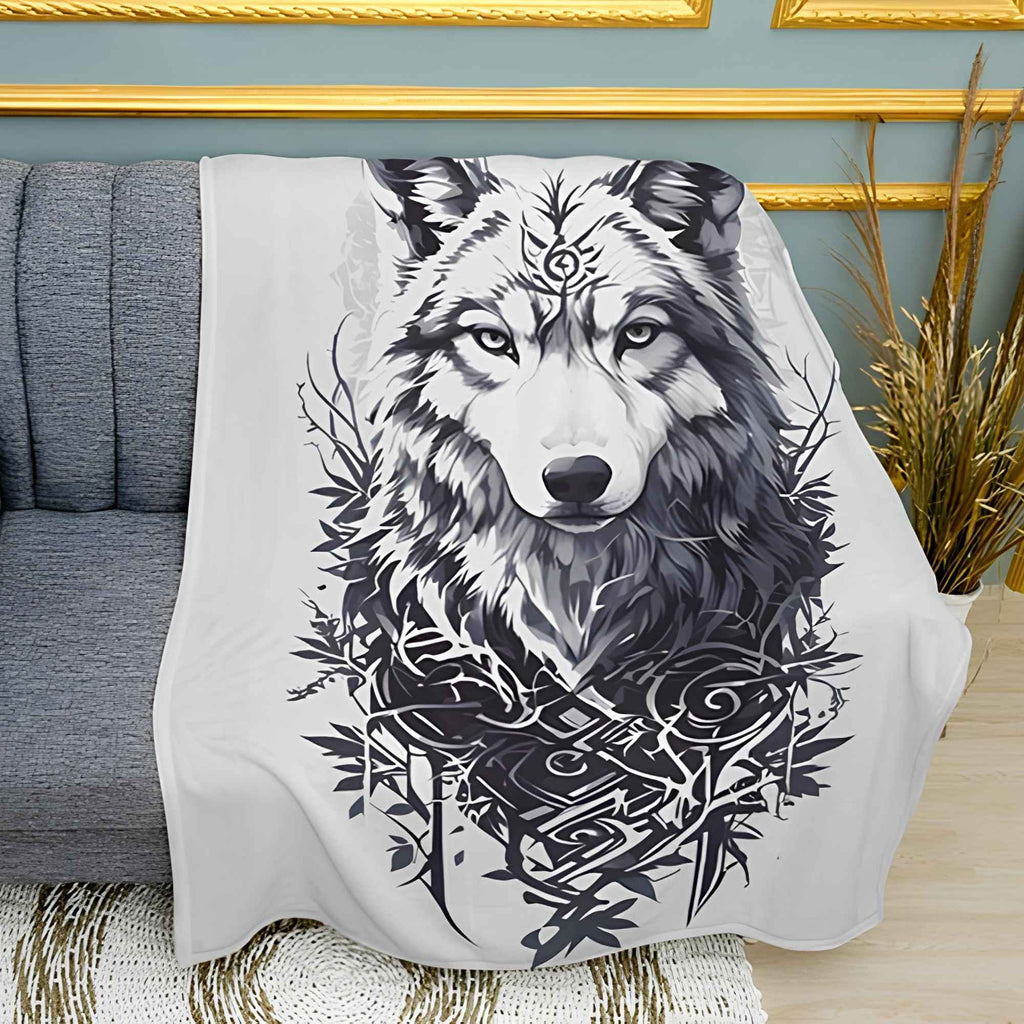 Patterned Forest Wolf Art Print Plush Fleece Throw Blanket