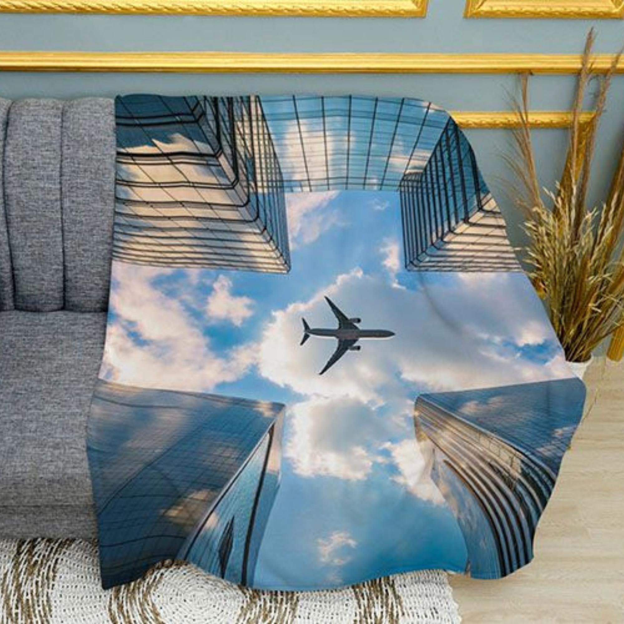 Plane Over the City Aviation Print Plush Fleece Throw Blanket