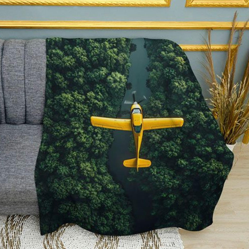Plane in Jungle Vintage Print Plush Fleece Throw Blanket
