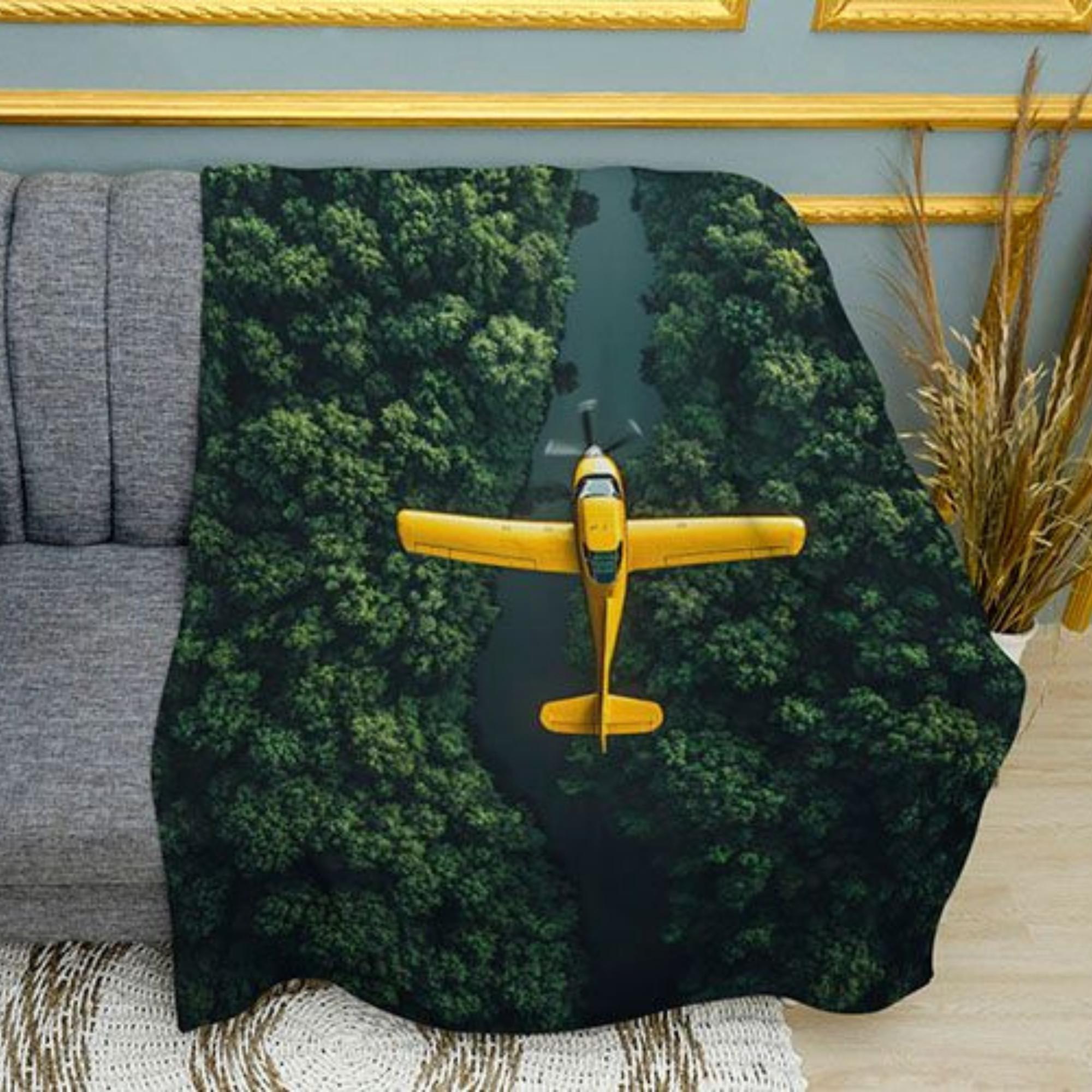 Plane in Jungle Vintage Print Plush Fleece Throw Blanket
