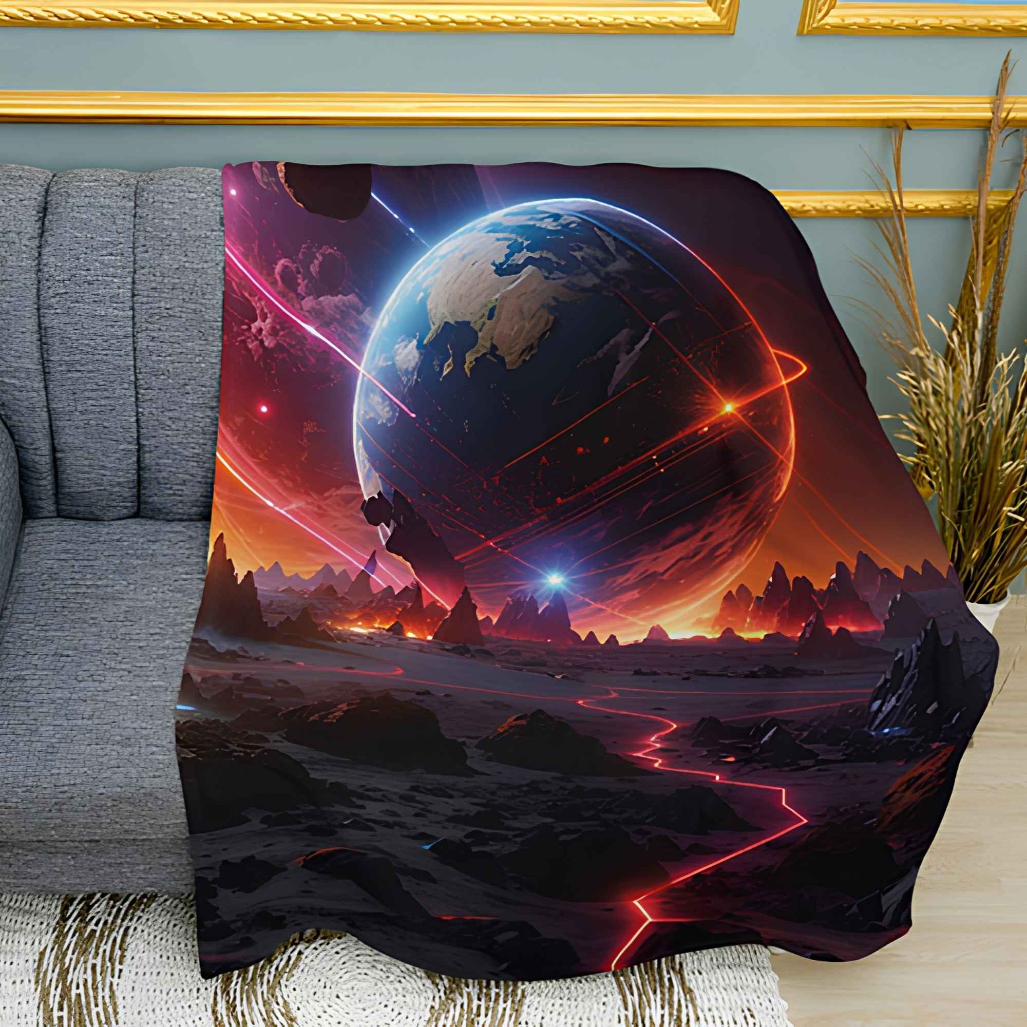 Plush fleece blanket with abstract planet print