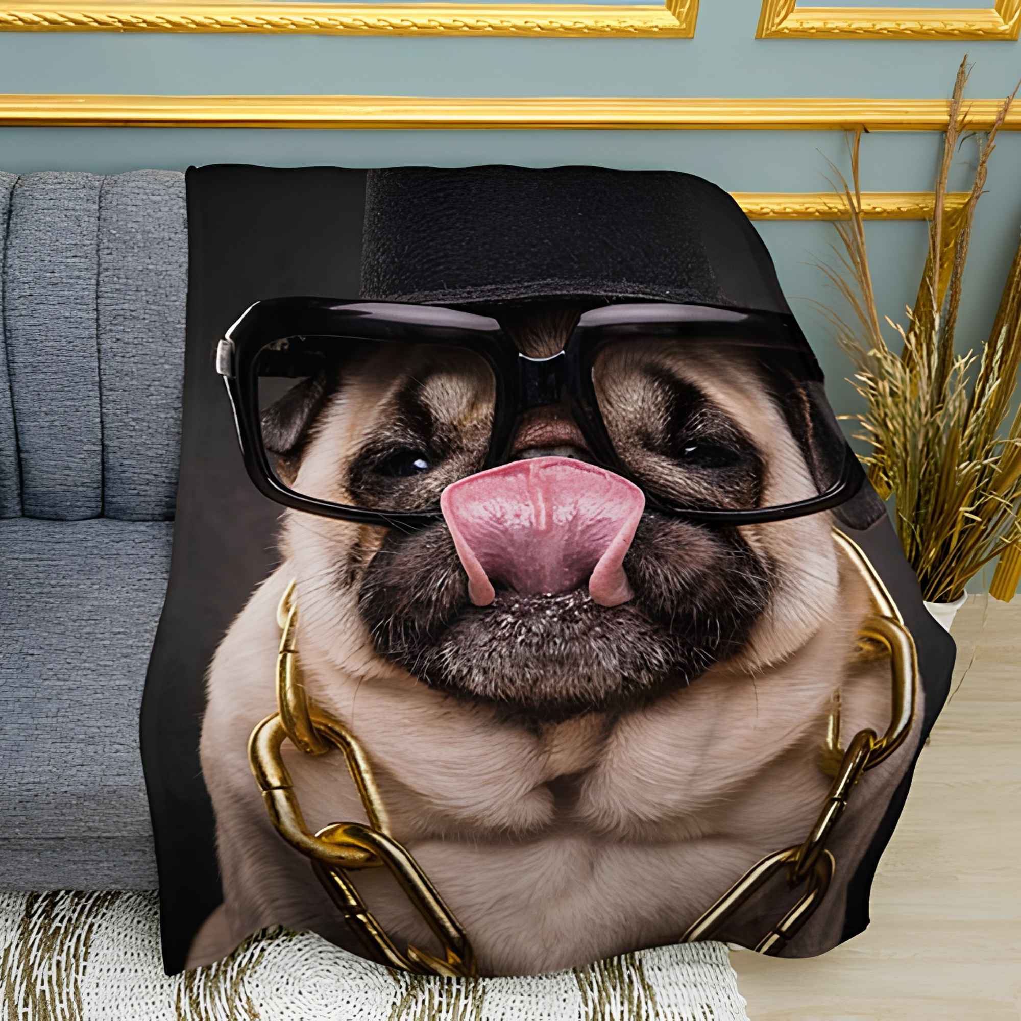 Pug Boss Print Plush Fleece Throw Blanket