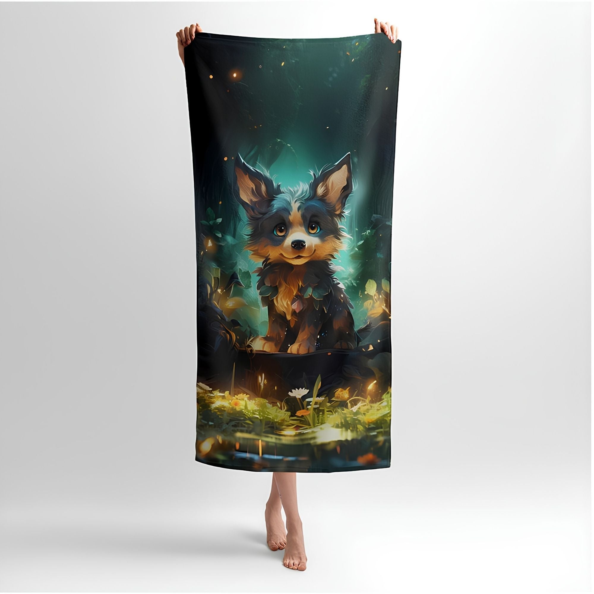 Puppy Fairytale Forest Print - Soft Cotton Terry Bath & Beach Towel