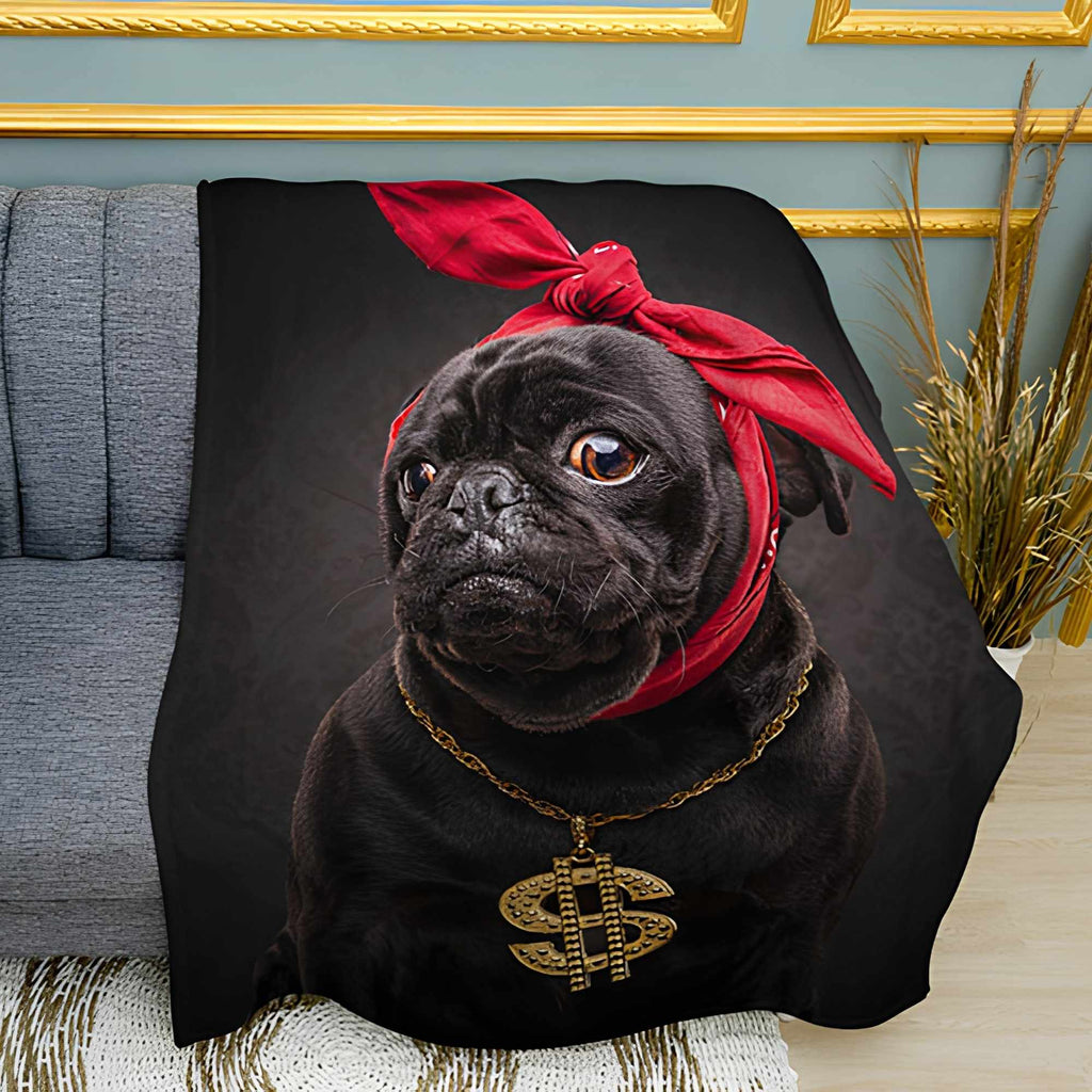 Rapper Pug Print Plush Fleece Throw Blanket