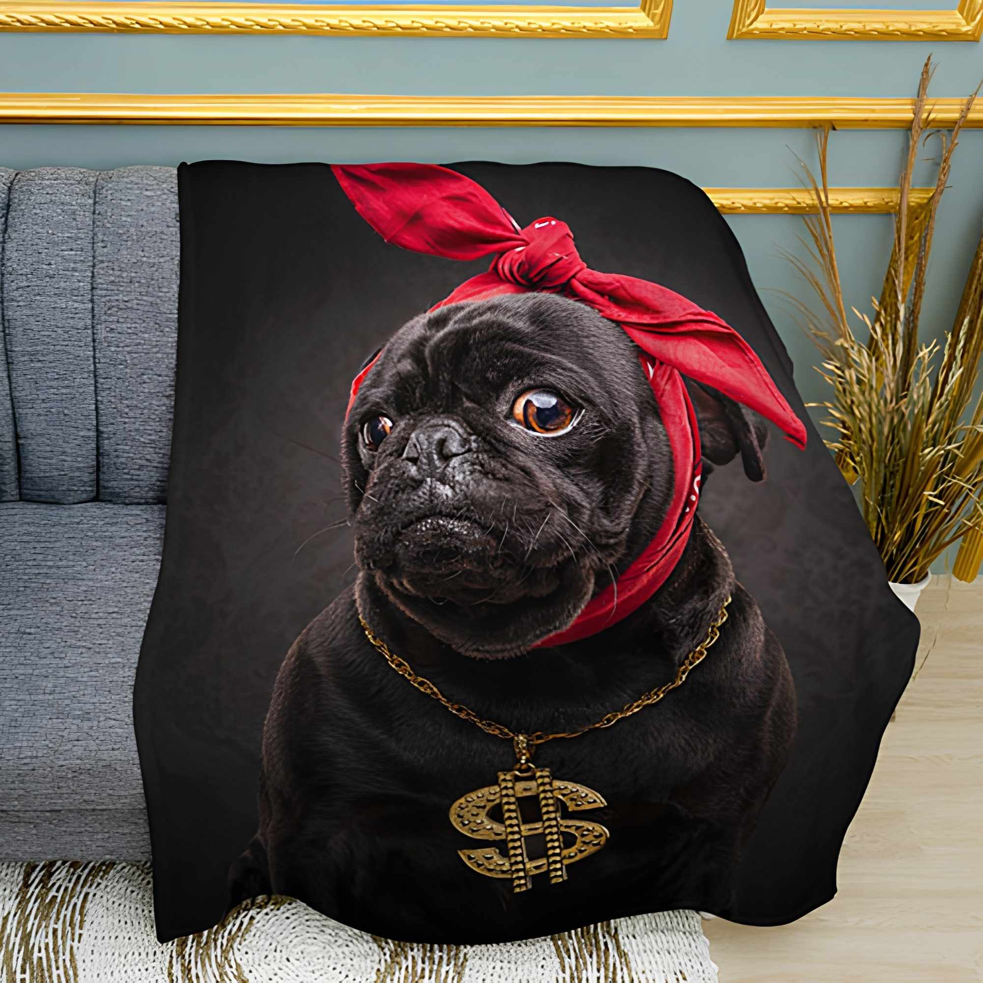 Rapper Pug Print Plush Fleece Throw Blanket