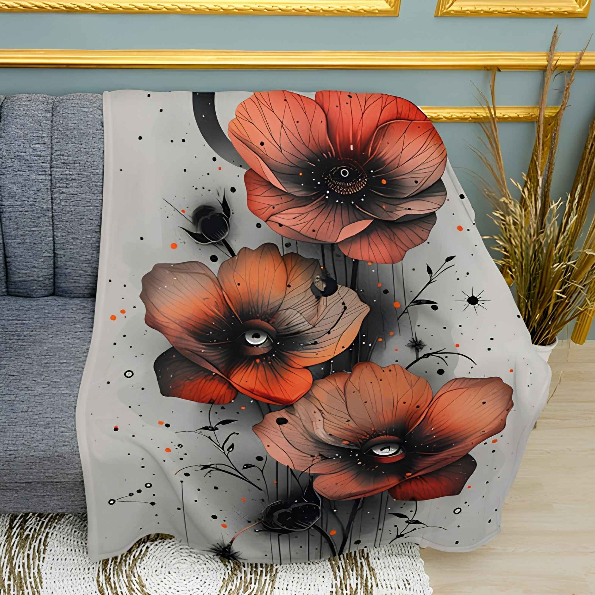 Red Poppies Floral Print Plush Fleece Throw Blanket