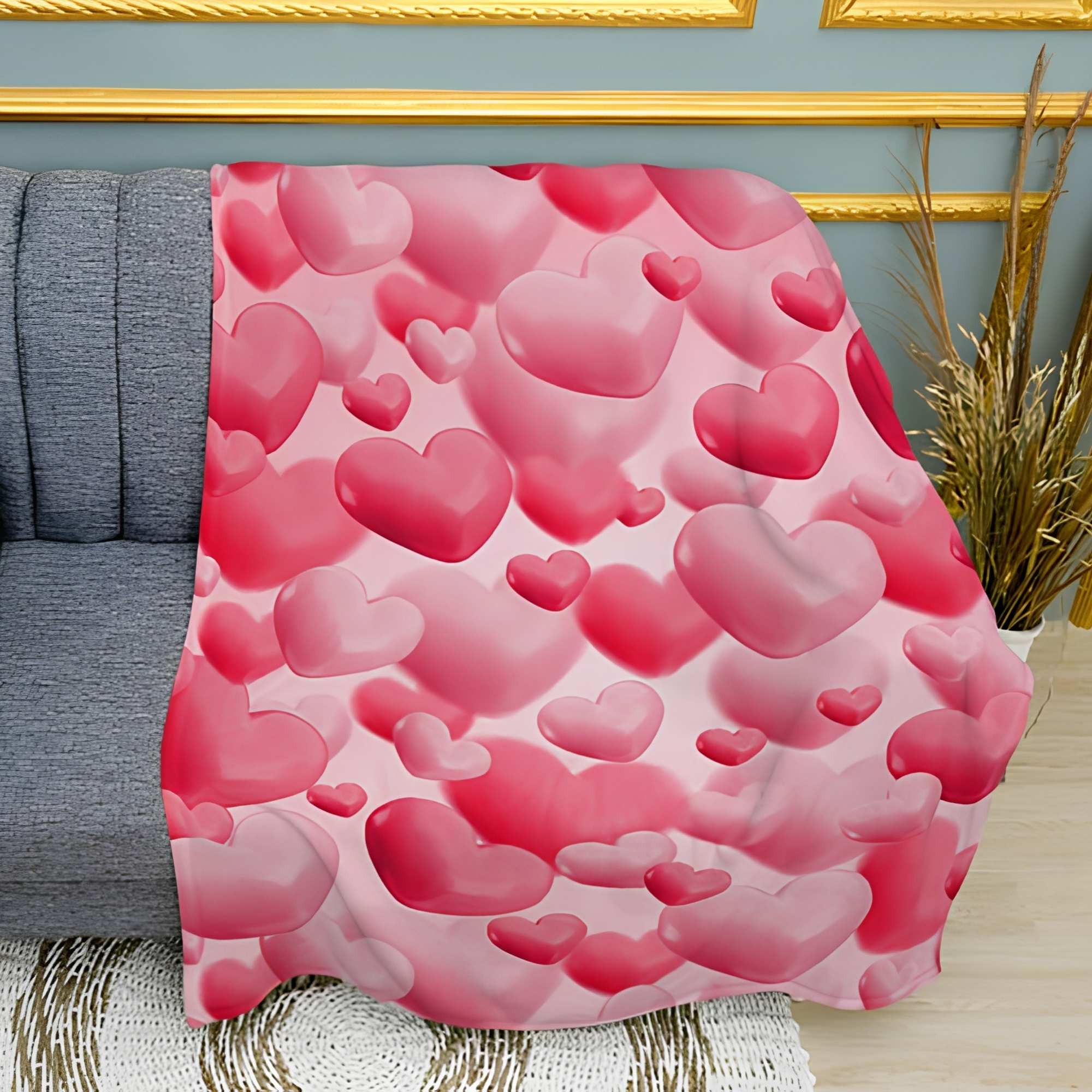 Romantic Hearts Pattern Print Plush Fleece Throw Blanket