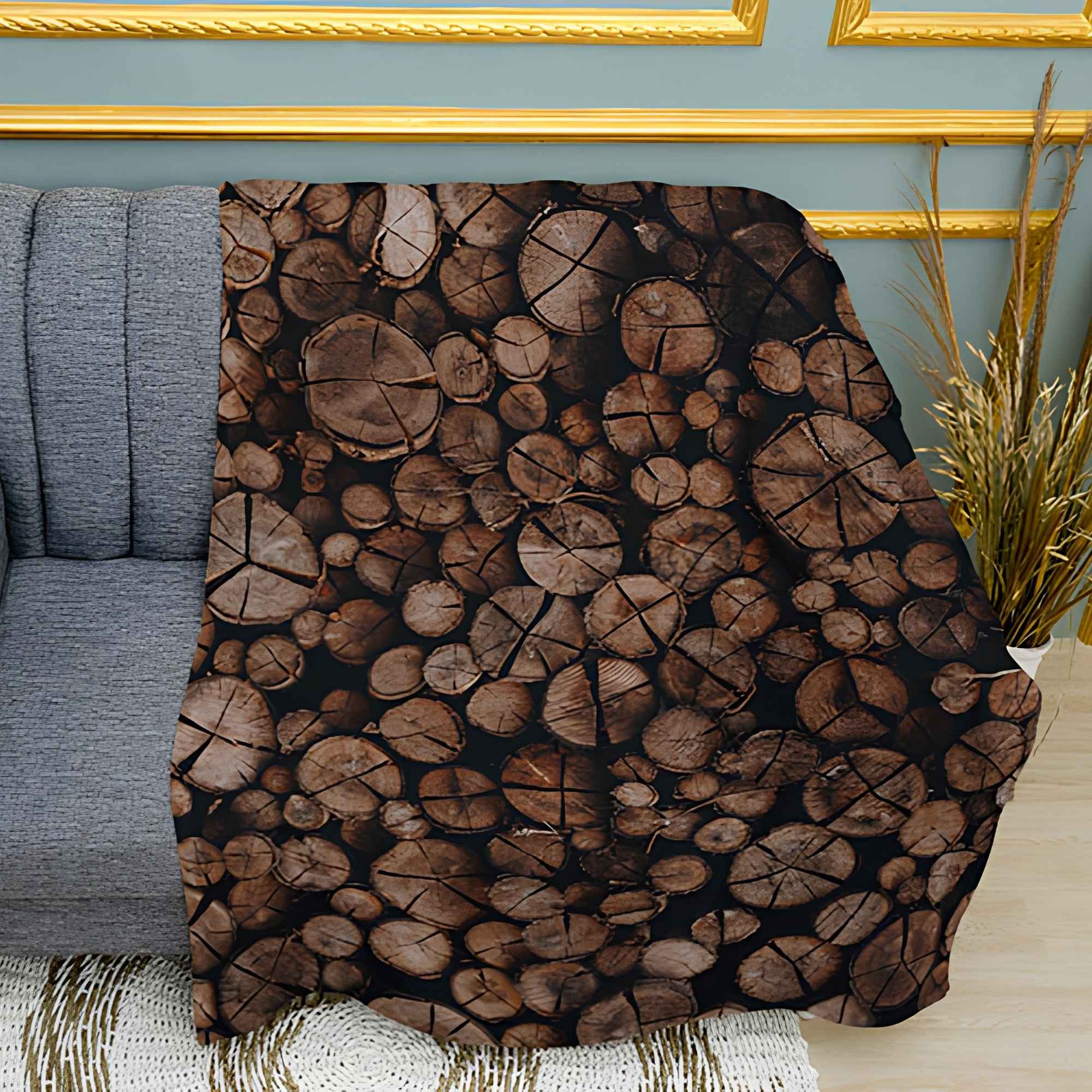 Rustic Firewood Log Stack Print Plush Fleece Throw Blanket