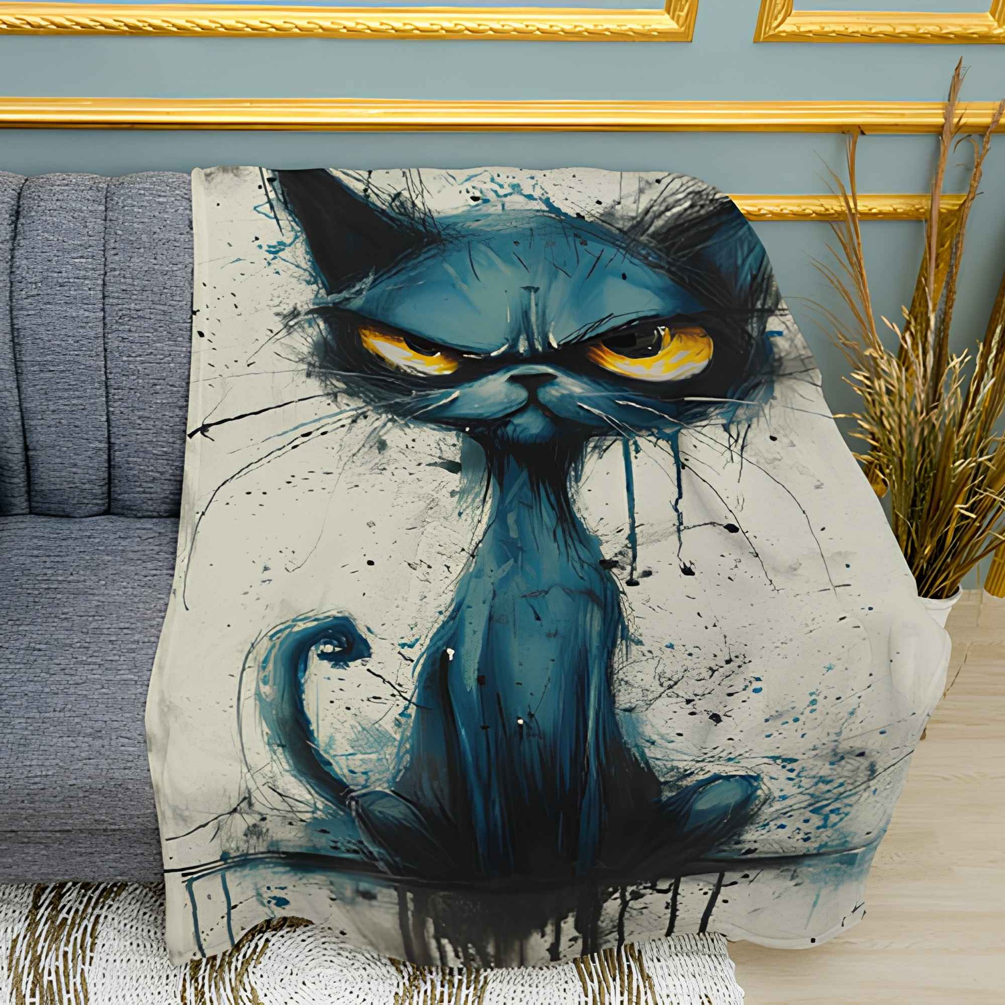 Unhappy Cat Print Plush Fleece Throw Blanket