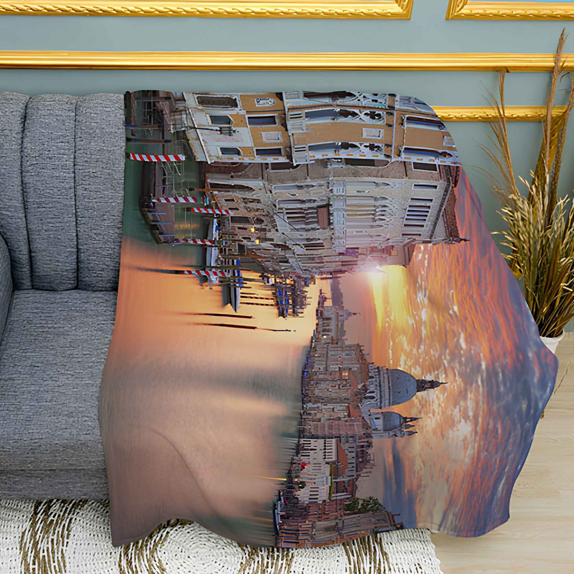 Venice City Panorama Art Print Plush Fleece Throw Blanket