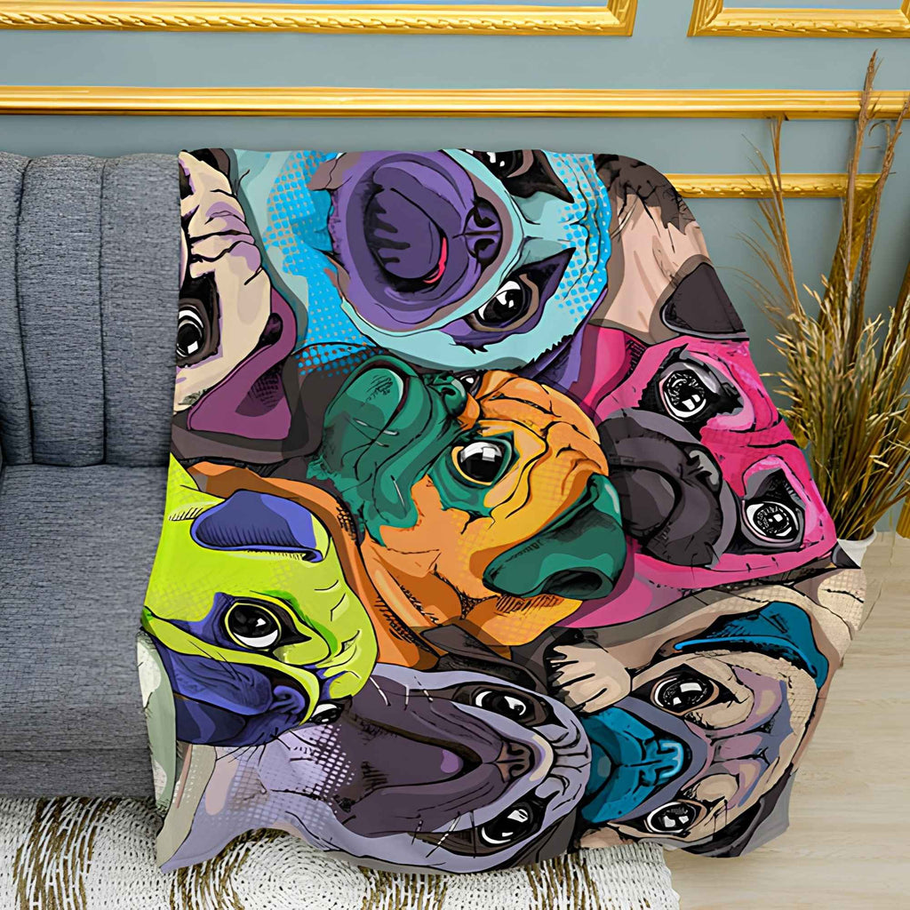 Vibrant Colorful Pugs Portrait Plush Fleece Throw Blanket