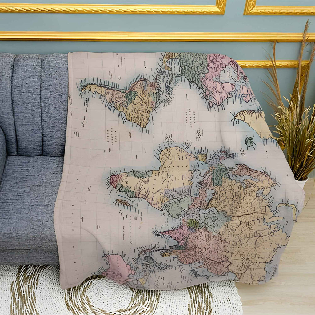 Vintage World Map Print Plush Fleece Throw Blanket
