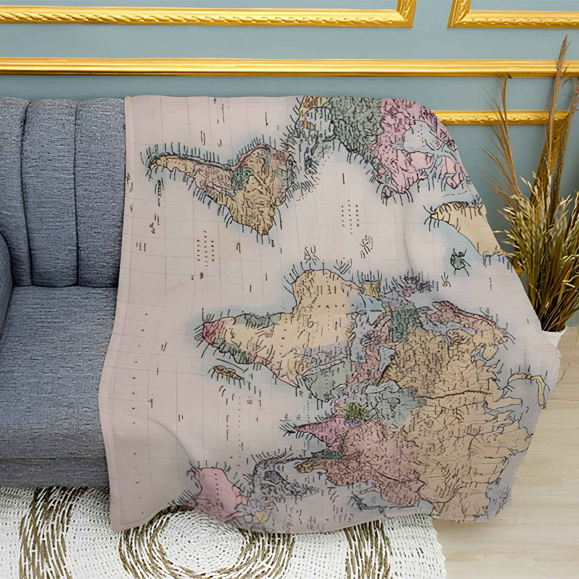 Vintage World Map Print Plush Fleece Throw Blanket