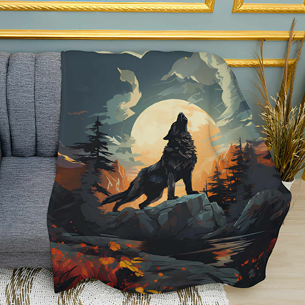 Wolf Howling at the Moon Print Plush Fleece Throw Blanket