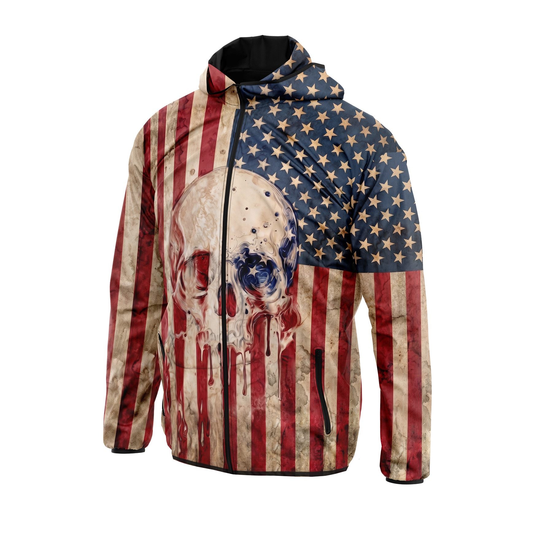 American Flag Skull Sport Windbreaker Lightweight Hooded Jacket