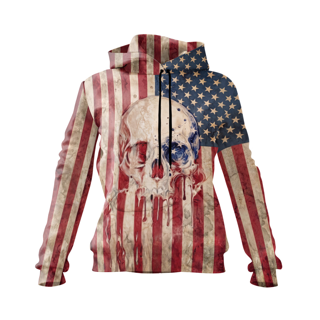 Damen-Fleece-Kapuzenpullover mit Totenkopf und amerikanischer Flagge, patriotisches Grafik-Sweatshirt