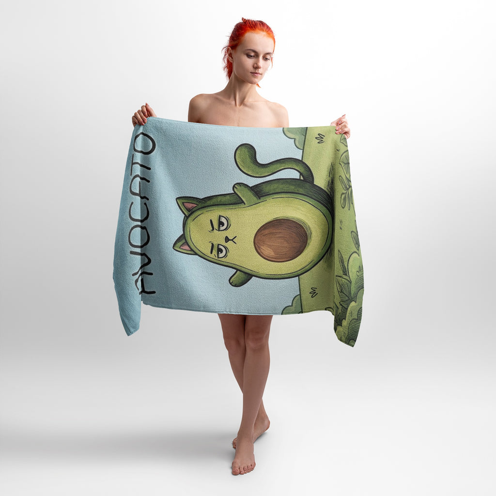 Avocado Cat Print Beach Towel, Cute Grumpy Kitten Bath Essential