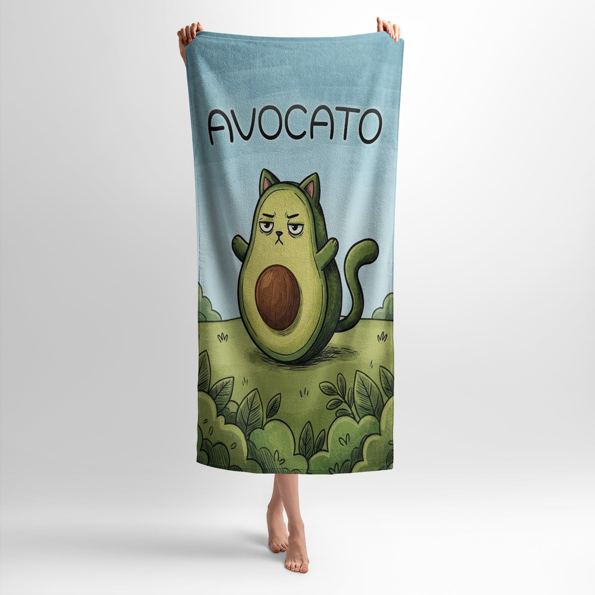 Avocado Cat Print Beach Towel, Cute Grumpy Kitten Bath Essential