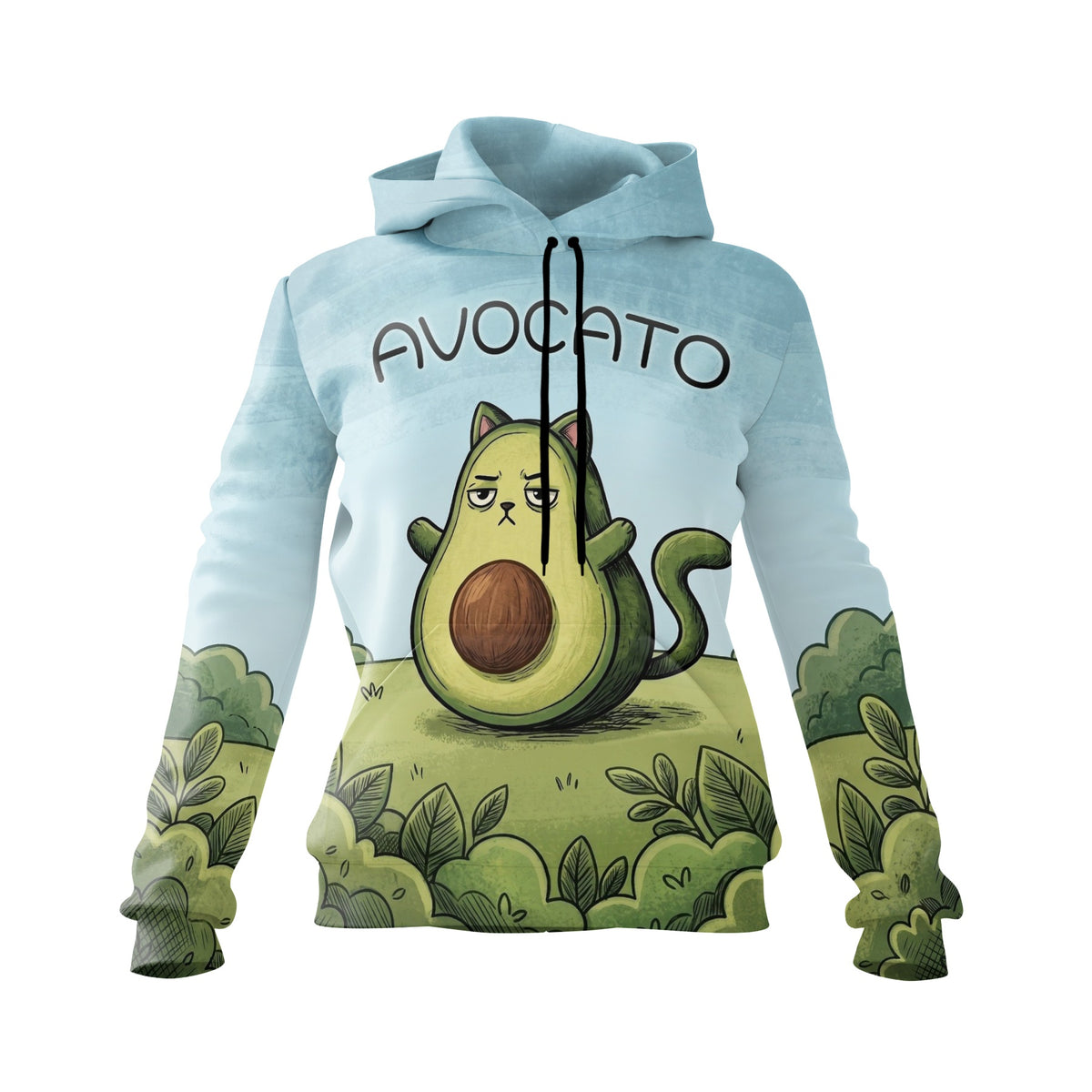 Damen-Fleece-Kapuzenpullover mit Avocado-Katzen-Grafik