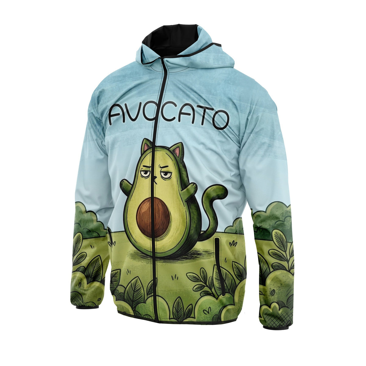 Leichte Windbreaker-Jacke mit Avocato-Katzen-Grafikprint